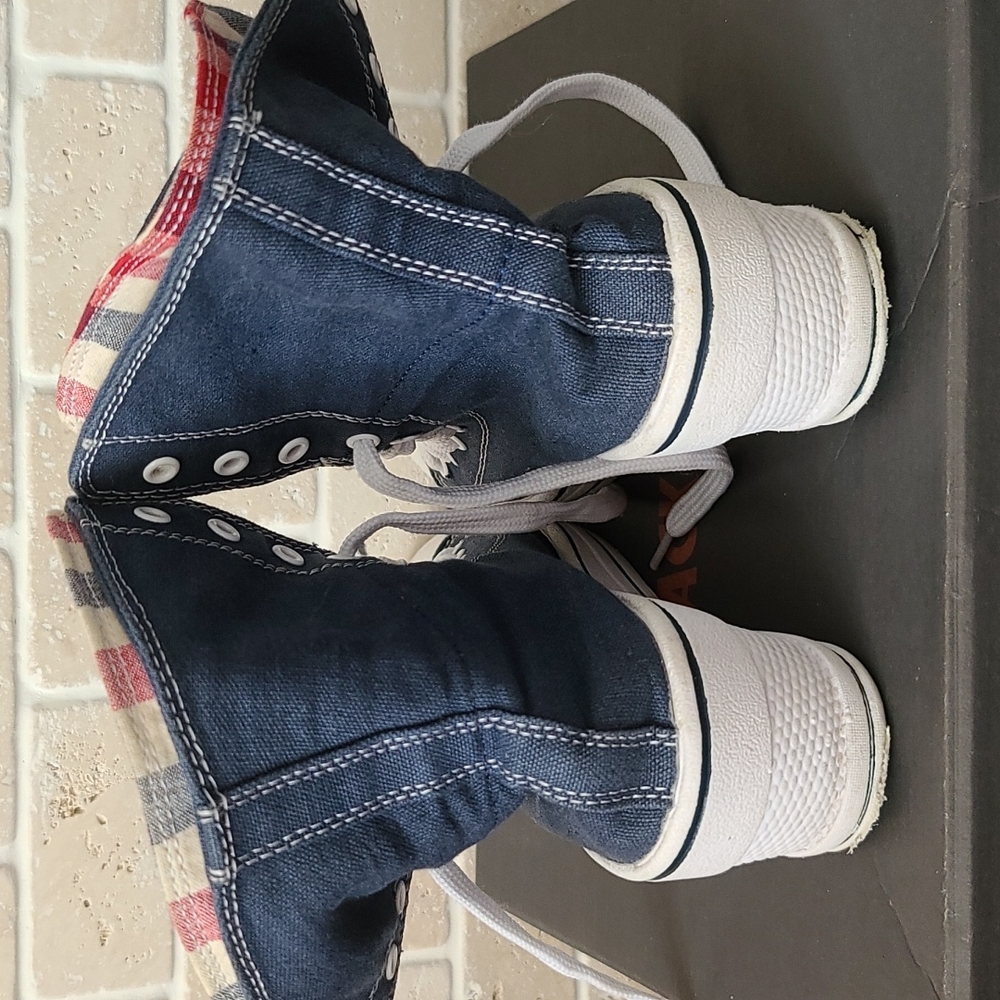 Navy High-Top Canvas Sneakers with Plaid Lining - Picture 4 of 12